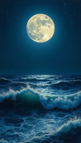 full moon over the ocean in blue,sea night,blue moon,ocean background,moonlit night,moonlight,lune,Photography,General,Realistic