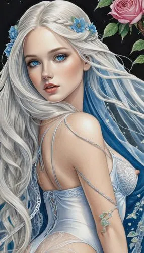 white rose snow queen,elsa,virgo,the snow queen,blue moon rose,white lady,holly blue,porcelain rose,cinderella,winterblueher,winter rose,blue rose,fantasy art,ice queen,white roses,fantasy portrait,suit of the snow maiden,flora,mermaid background,pale,Conceptual Art,Daily,Daily 17