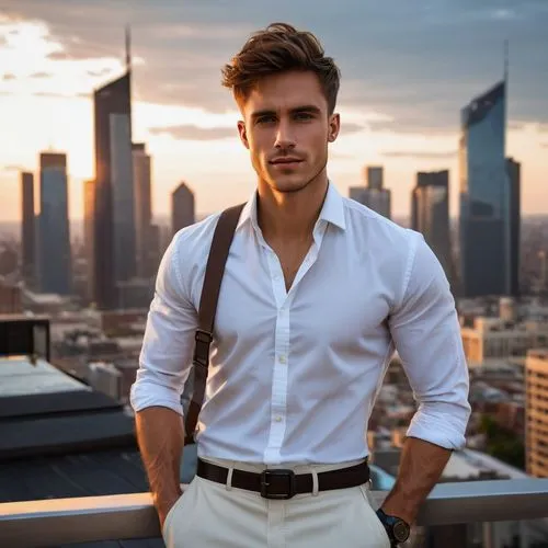 dreamy masculine guy, charming smile, piercing blue eyes, chiseled facial features, stylish messy brown hair, strong jawline, muscular physique, white dress shirt, black slim-fit trousers, leather bel