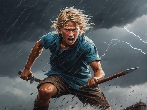 Illustrate a powerful and strong Thorfinn pfp with a raging storm backdrop.,god of thunder,storm,monsoon banner,monsoon,wind warrior,thunderstorm,thunder,bolts,game illustration,thor,thunderbolt,strom