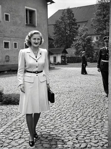 Eva Braun, 1940 zu Besuch in Unterhausen bei Reutlingen.,a woman in a white suit walking through a cobblestone street,ingrid bergman,honecker,mitford,dronning,zetterlund,mauthausen,Photography,Black a