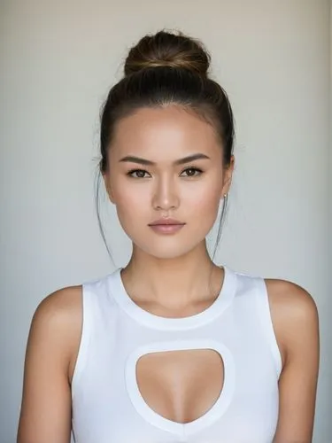 Full-size sample portrait,a beautiful woman wearing a white top with cut outs on it,hapa,laotian,asian woman,vietnamese,asian,mongolian girl,Photography,Documentary Photography,Documentary Photography