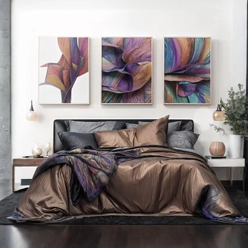 a large bed sitting next to two pictures on a wall,flower painting,marble painting,modern decor,boho art,flower blanket,contemporary decor