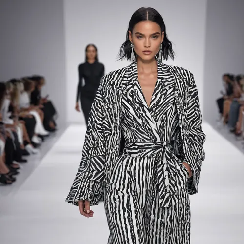 2023 Runway Fashion Show collection. clean, simple, and monochrome design. Sophisticated look.,menswear for women,runway,zebra fur,woman in menswear,catwalk,runways,zebra pattern,zebra,dress walk blac