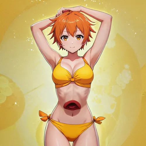 一个嘴唇张开大嘴，吐出长舌头，舌头向前伸，嘴里喷出水,nami,sun,one-piece swimsuit,asuka langley soryu,orange,pollen panties,nemo,hinata,summer swimsuit,vitamin c,orange color,sunburst background,oranges,anime 3d,swimsuit,sol,su