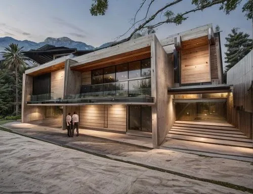 diseño exterior de una residencia estilo minimalista, con elementos de concreto, madera, cristal, rejilla de acero, vegetación, iluminación nocturna perfcetamente detallada, fotografia hiperrealista,t