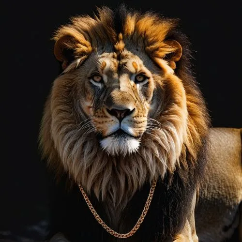 A male lion wearing a gold cable style chain necklace with dark backround,king of the jungle,rajah,regal,male lion,skeezy lion,lion,maharaja,royal tiger,african lion,king crown,lion - feline,iraklion,