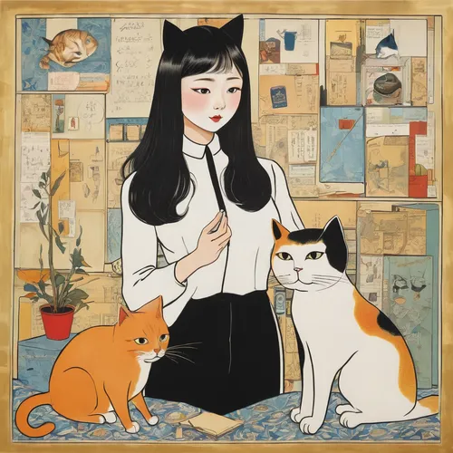 japanese bobtail,chinese pastoral cat,cat's cafe,kitsune,akita inu,mari makinami,cat lovers,shirakami-sanchi,vintage cats,cat mom,girl with dog,vintage cat,lucky cat,white cat,jiji the cat,japanese icons,calico cat,domestic cat,kate greenaway,cat family,Illustration,Black and White,Black and White 25