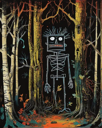 forest man,haunted forest,halloween illustration,forest animal,primitive man,cartoon forest,book illustration,the woods,farmer in the woods,woodsman,the forest,in the forest,enchanted forest,forest walk,marionette,undergrowth,halloween poster,sci fiction illustration,wooden man,forest dark,Art,Artistic Painting,Artistic Painting 51