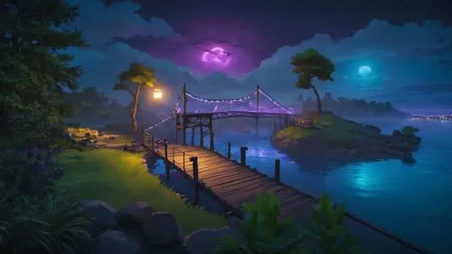 adventure bridge,wooden bridge,scenic bridge,wooden pier,hangman's bridge,dragon bridge,fishing pier,harborwalk,viola bridge,walkway,dock,purple landscape,sansar,pier,night scene,pathway,purple moon,t