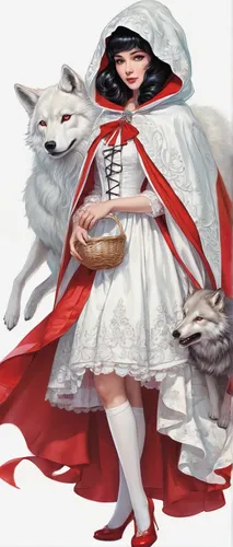 red riding hood,little red riding hood,kitsune,akita inu,wolf in sheep's clothing,samoyed,red coat,white and red,woman holding pie,akita,inari,white fur hat,white shepherd,nurse,white rose snow queen,