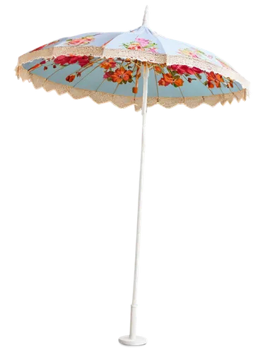 Colorful parasol, open, standing, delicate lace edge, frilly details, bright flowers pattern, white pole, ornate metal tip, gentle wind blowing, soft focus background, warm sunlight, 3/4 composition, 