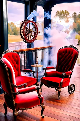 Steamboat, Victorian-era inspired, ornate metalwork, wooden deck, red and white stripes, billowing smoke, paddlewheel on side, intricate piping, brass fixtures, luxurious lounge chairs, velvet upholst