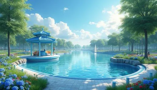 landscape background,fountain pond,thermal spring,outdoor pool,underwater oasis,crescent spring,swimming pool,cartoon video game background,lily pond,lilly pond,pond,summer background,garden pond,waterscape,swim ring,3d background,pools,waterland,background design,water park,Photography,General,Realistic