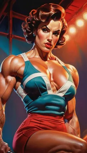 Female bodybuilder, muscular woman, strong pecs, toned arms, athletic physique, sweat dripping, intense gaze, bold eyebrows, short hair, sporty makeup, fitness competition stage, bright lights, dramat