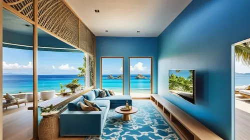 This photo shows the living room of a hotel suite in Puli, Taiwan.
The design incorporates elements of summer, the seaside and Bali, with a modern twist of blues and greens.
The suites feature stylish