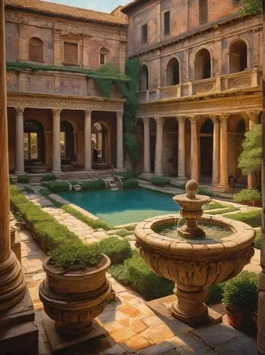 courtyard,alhambra,courtyards,roman bath,inside courtyard,theed,dorne,palaces,renaissance,parador,neemrana,panagora,patio,patios,kanawa,hacienda,oasis,cortile,spa,paradores,Illustration,Children,Children 01