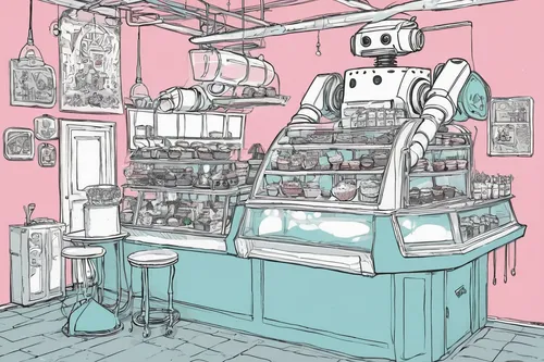 ice cream shop,soda fountain,soda shop,ice cream parlor,shopkeeper,convenience store,bakery,ice cream stand,kitchen shop,pastry shop,apothecary,cake shop,grocery,watercolor tea shop,toy store,flower shop,candy shop,soft robot,coffee shop,deli,Illustration,Black and White,Black and White 02