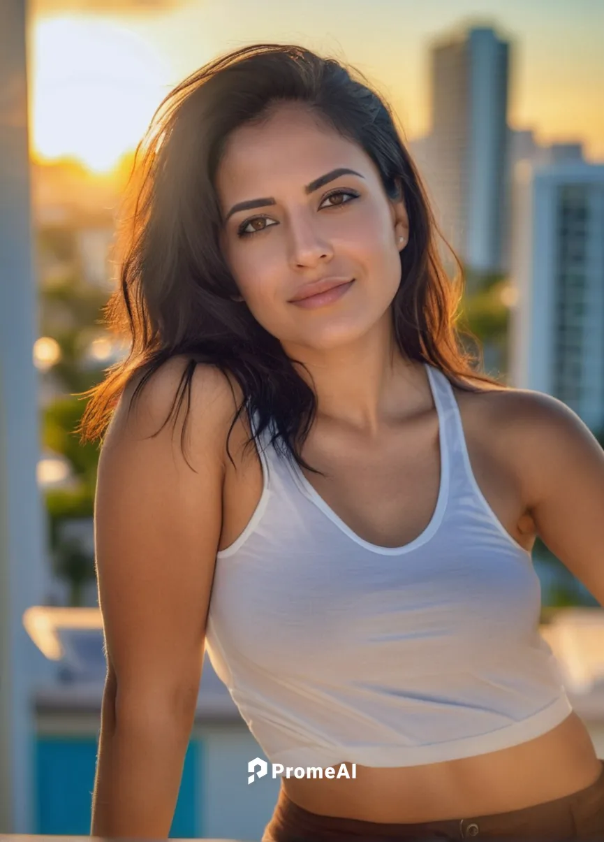  portrait of a beautiful latina girl 28 years old black hair, brown eyes, in a white top stand up in a balcony looking the street of Miami in the morning as background in 4k,fitness model,beautiful yo