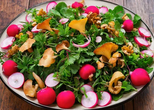 Herb salad with chanterelle mushrooms and radishes,spinach salad,israeli salad,vegetable salad,rocket salad,sea salad,garden salad,cut salad,ful medames,green salad,fattoush,carrot salad,mixed salad,f