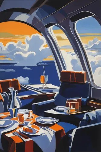 breakfast on board of the iron,retro diner,air new zealand,china southern airlines,beach restaurant,drive in restaurant,ufo interior,business jet,art deco,travel poster,dining,futuristic landscape,space tourism,diner,teacups,picnic boat,aircraft cabin,aperol,airline travel,fine dining restaurant,Art,Artistic Painting,Artistic Painting 41