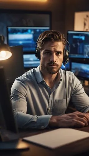 dispatcher,dispatchers,night administrator,blur office background,wireless headset,sennheiser,Photography,General,Commercial