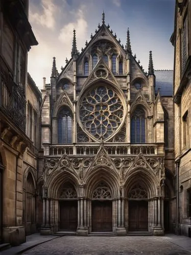 Gothic rosette architecture, intricate stone carvings, stained glass windows, grand cathedral, detailed arches, ornate columns, majestic vaulted ceiling, soft warm lighting, afternoon sunbeams, subtle