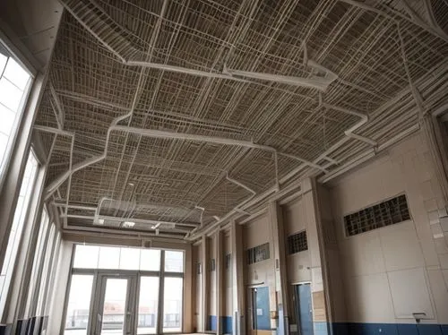 Inside of a school.,ceiling construction,ceiling ventilation,hall roof,structural plaster,concrete ceiling,ventilation grid,commercial hvac,roof structures,steel scaffolding,thermal insulation,dayligh