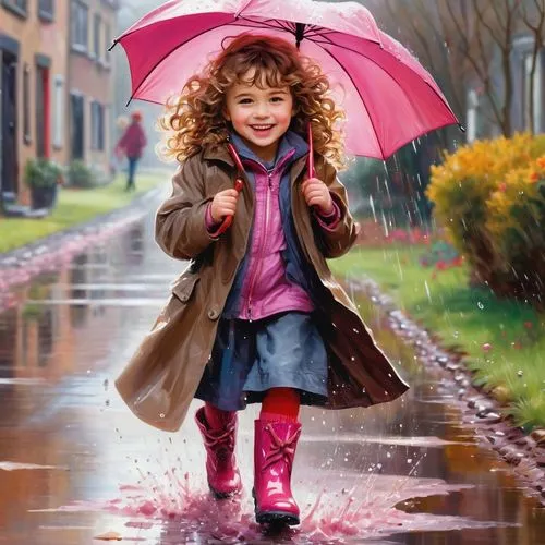 little girl with umbrella,walking in the rain,barish,in the rain,little girl in wind,raincoat,Conceptual Art,Oil color,Oil Color 03