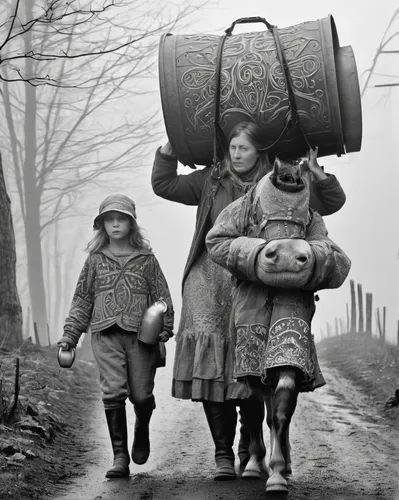 Morning glory: Mother carries milk pails on her shoulders while the children lead a horse on a foggy morning walk in Quebec, Canada in 1950,heavy load,nomadic children,little girls walking,vintage chi