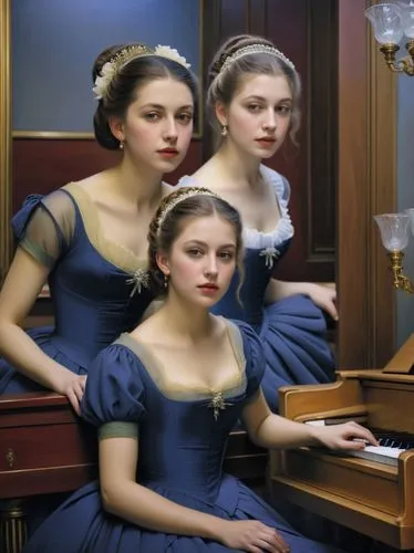 The two Legrand sisters in a Parisian piano bar. It should look as if a French Impressionist, as if Edgar Degas had painted the whole scene.,three women wearing dresses sit at a piano,concerto for pia