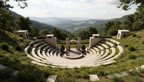 Natural amphitheater setting, lush green hills, tiered seating areas, curved architectural lines, stone or concrete structures, integrated landscape design, native plant species, meandering walking pa