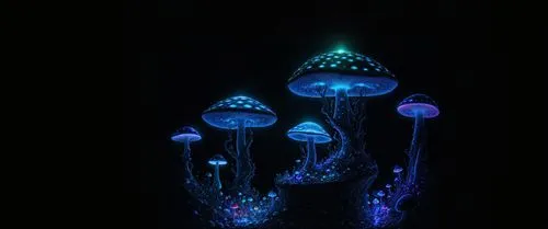 bioluminescent,bioluminescence,blue mushroom,mycena,underwater background,jellyfish