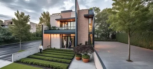 The image depicts a residential building, with a concrete roof and a large windows overlooking a cityscape. In the center of this image, a rescowling green property, with a red street corner, boasts a