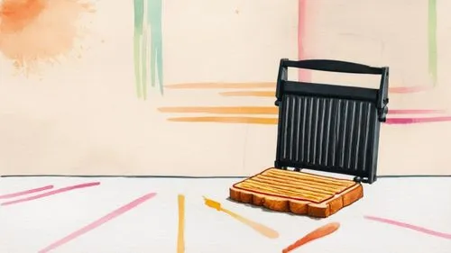 loose minimalist sketch on a textured paper of  a sandwich grill press,a small bench that has been placed to look like a grill,suitcase,old suitcase,panpipes,leather suitcase,stylophone,cajon,cajon mi