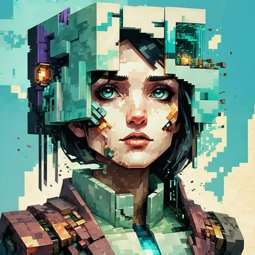  glitch disintegration effect, A collage portrait, A vintage-inspired collage featuring a split-faced cyborg. A grid, fragments, fragmentation, squares, Combine vintage 1920s elements with vintage por