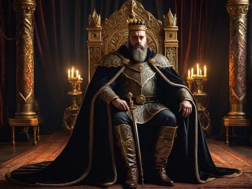 Mature king, Grol, muscular, beard, crown, royal cloak, majestic posture, powerful chest, broad shoulders, strong legs, gold-trimmed boots, holding a scepter, standing in front of a grand throne, orna