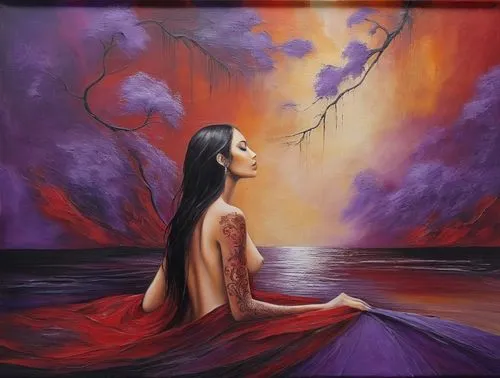 oil painting on canvas,shamanic,sirene,fantasy art,mystical portrait of a girl,shamanism,dream art,art painting,invoking,persephone,oil painting,hekate,la violetta,inviolate,tantoo,ariadne,root chakra,armonia,inanna,mythography,Illustration,Abstract Fantasy,Abstract Fantasy 14