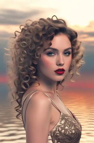 
 nude Beautiful sweeden girl, full dark curly hair, big green eyes, full red lips, misty sky,a woman with red lipstick in a dress near water,derivable,image manipulation,ariadne,portrait background,t