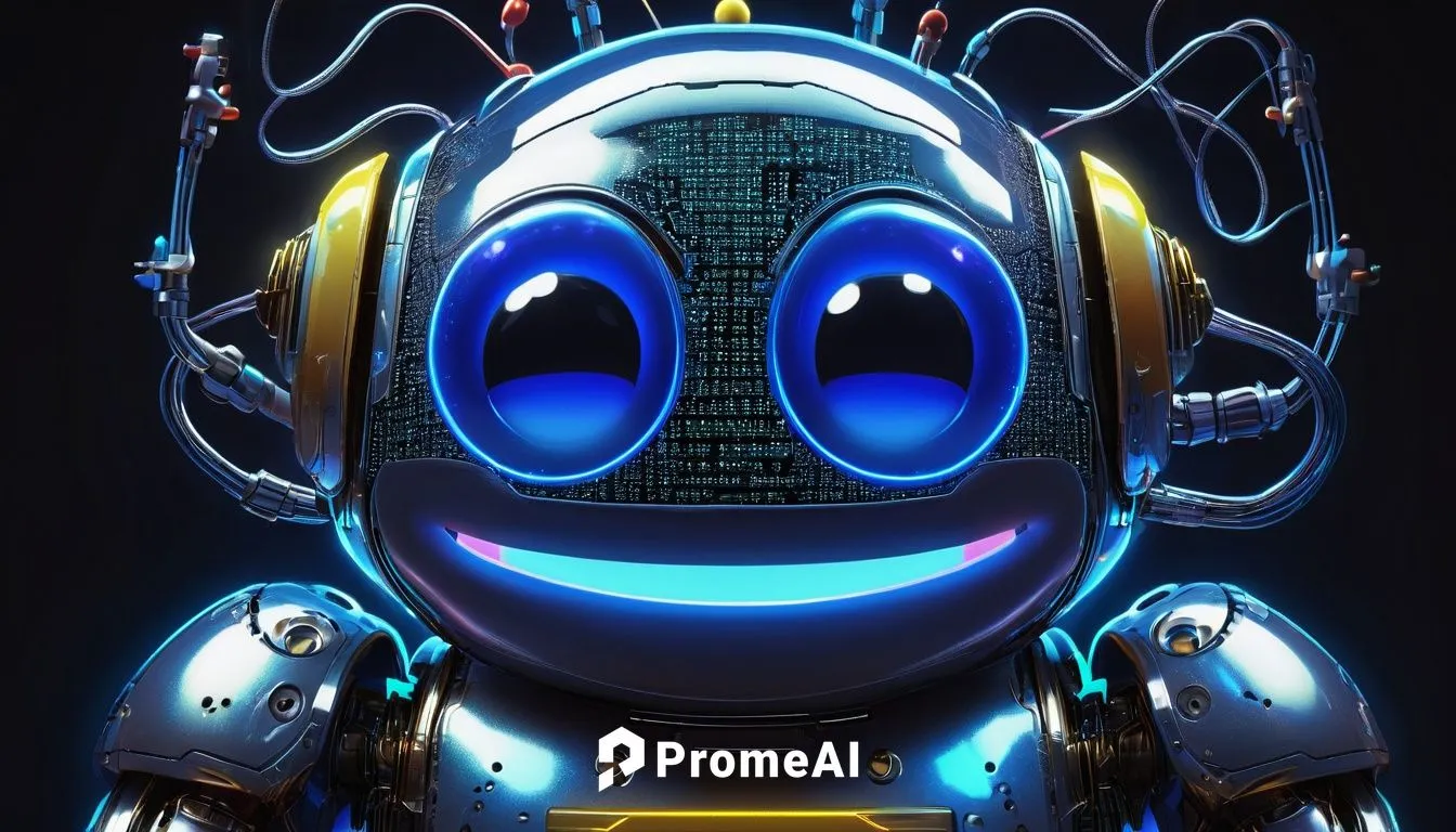 Cumbersome face, AI robot, futuristic laboratory, metallic body, glowing blue eyes, complex circuitry, wires, microchips, sleek design, shiny metal surface, neon lights, dark background, high-tech atm