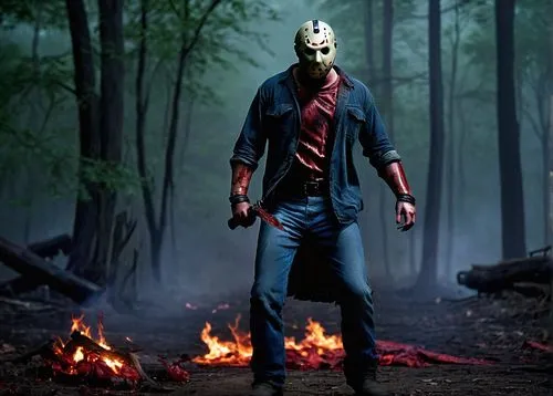 Jason Voorhees, horror movie character, tall, muscular man, bloody machete, worn denim pants, black boots, gruesome makeup, intense facial expression, dark forest, foggy atmosphere, eerie ambient ligh