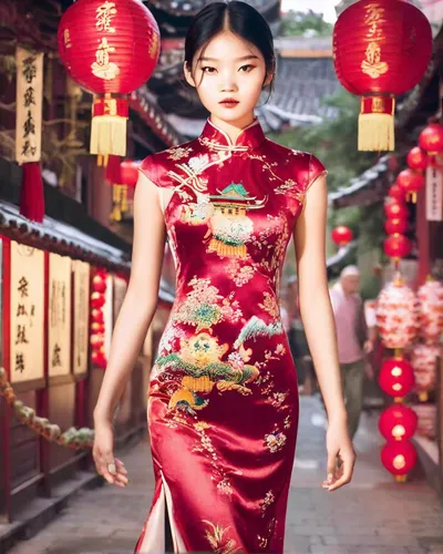 A girl in a red silk Cheongsam navigates the bustling scene of a Chinese New Year temple fair. The traditional attire highlights her elegance against the festive backdrop of high-hung lanterns and thr