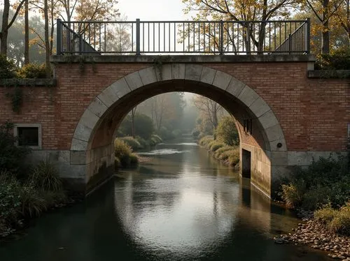 Ancient Byzantine bridge, rustic brick arches, worn stone piers, ornate iron railings, weathered coping stones, moss-covered abutments, tranquil river flow, soft misty morning light, shallow depth of 