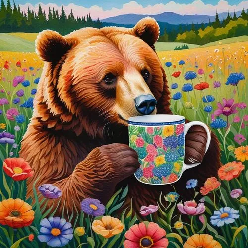 bear kamchatka,brown bear,ivan-tea,pandoro,cute bear,flower painting,coffee tea illustration,dandelion coffee,honey jar,gummybears,bears,brown bears,tea time,coffee break,flower animal,flower meadow,flower tea,little bear,flower honey,bear,Conceptual Art,Daily,Daily 31