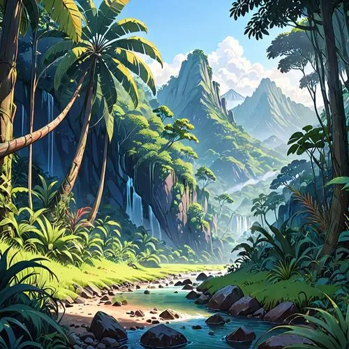 tropical jungle,rainforest,jungle,tropics,landscape background,tropical island,rain forest,an island far away landscape,fantasy landscape,tropical greens,mountainous landscape,tropical and subtropical coniferous forests,palm forest,mountain scene,forest landscape,mountain landscape,karst landscape,nature landscape,river landscape,polynesia,Anime,Anime,General