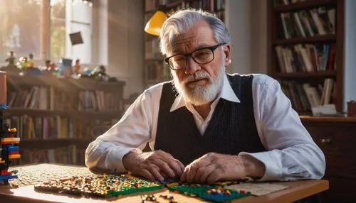 Retired architect, mature man, grey hair, glasses, beard, white shirt, black trousers, Lego bricks scattered around, nostalgic atmosphere, old wooden desk, vintage chair, bookshelves filled with class