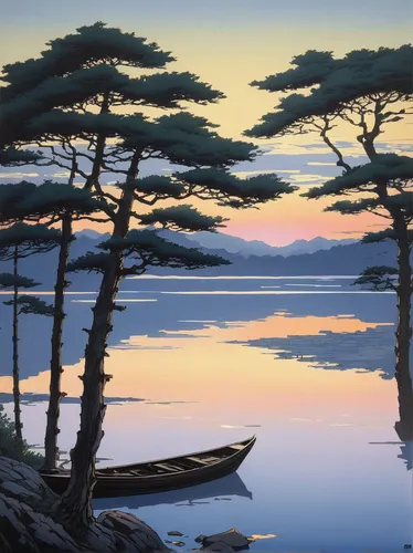 japan landscape,coastal landscape,evening lake,jack pine,robert duncanson,pine trees,beach landscape,pine tree,black pine,waterscape,white pine,cypress,pine forest,sea landscape,watercolor pine tree,lake tanuki,calm water,river landscape,an island far away landscape,shortstraw pine,Illustration,Japanese style,Japanese Style 10