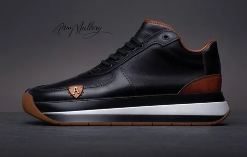 "leather" sneaker, "silver shield emblem with "A" logo, all black with cognac trim color scheme ,Custom leather sneaker 3 ,mcnairy,bally,coppers,jordan shoes,currys,knick,Photography,General,Realistic