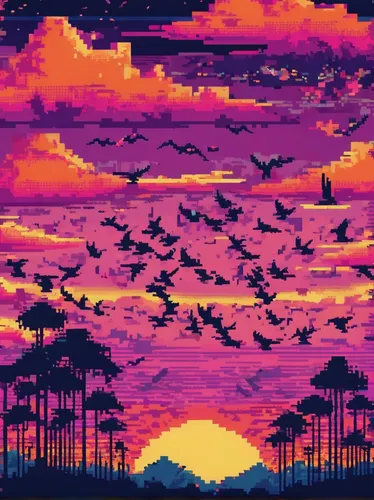 flamingos,flock of birds,pink flamingos,pixel art,flying birds,birds in flight,birds flying,dusk,flamingoes,alligator alley,bird kingdom,bird flight,bird migration,dusk background,tropical birds,serengeti,colorful birds,safari,cuba flamingos,flamingo pattern,Unique,Pixel,Pixel 04