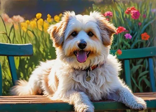 havanese,mixed breed dog,cheerful dog,labradoodle,dog pure-breed,wheaten,outdoor dog,briard,dog photography,australian shepherd,dog breed,blonde dog,cute puppy,huichon,flower background,springtime background,golden retriever,shih tzu,yorkshire terrier,shih poo,Art,Artistic Painting,Artistic Painting 09